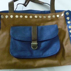 MMS ROYAL BLUE  LIGHT BROWN  FAUX LEATHER  WITH EMBELLISHMENTS BIG SATCHEL BAG